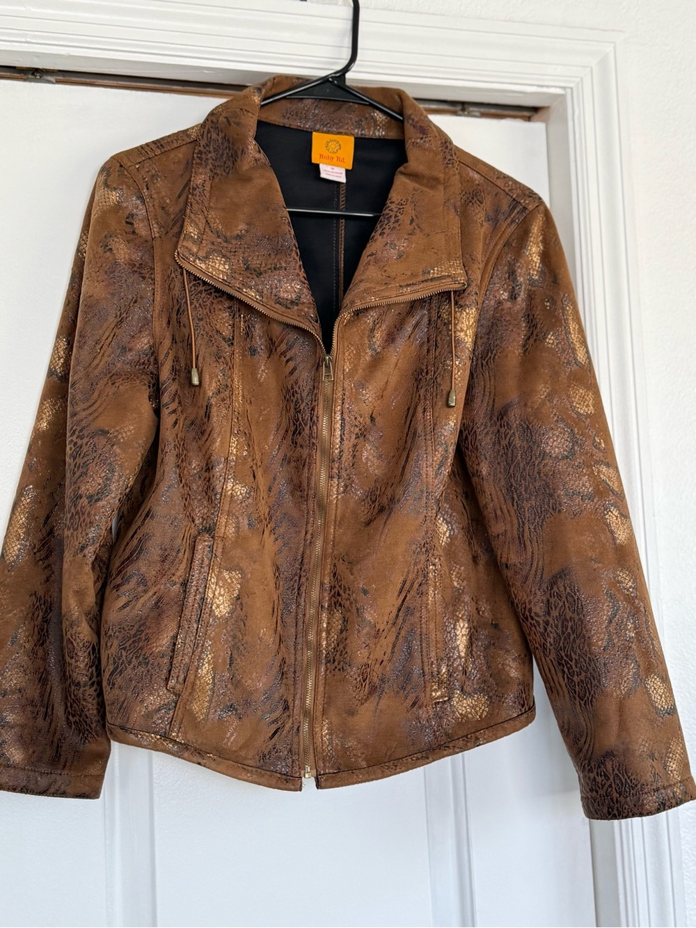 Ruby Rd. Metallic Faux Brown leather Pattern Zip Jacket - Picture 2 of 10